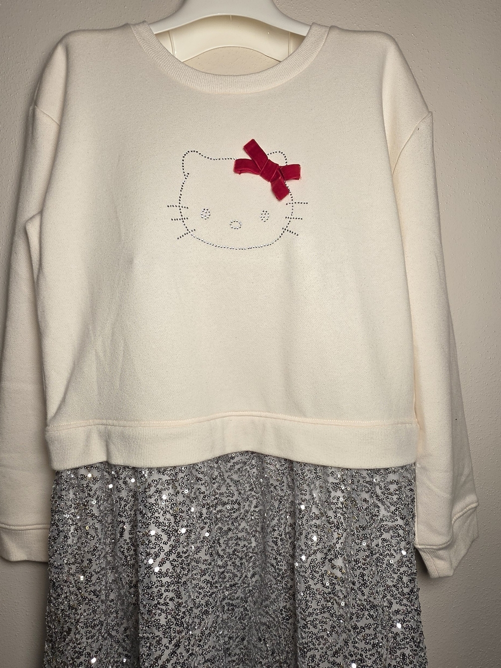 Hello Kitty Cream Pullover Dress with Pink Bow and Silver Sequin Skirt